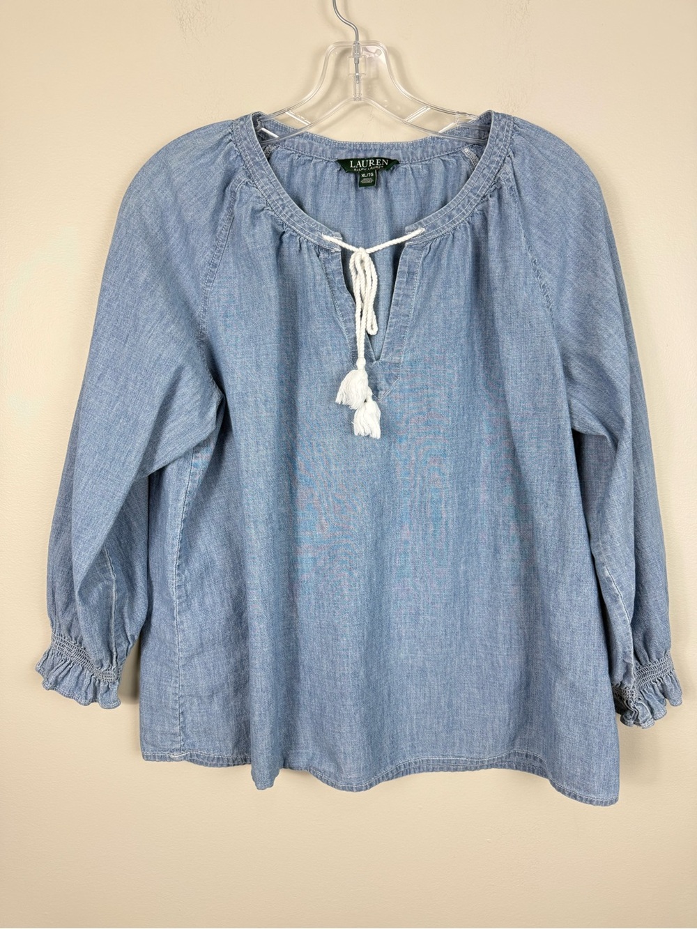 Lauren Ralph Lauren Top XL Blue Chambray Peasant Tassel Ruffle Sleeves Boho - Picture 8 of 8